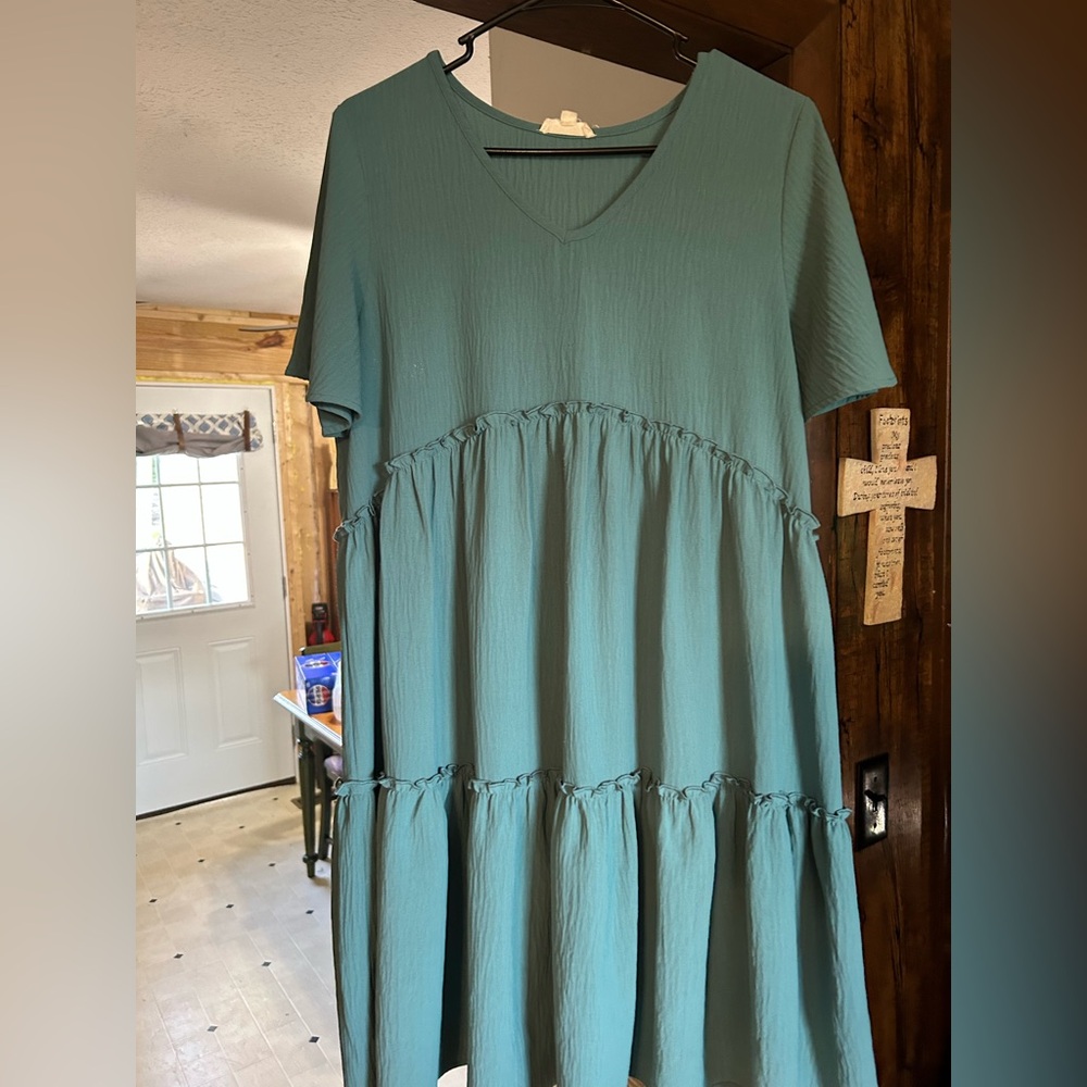 Teal V-Neck Tiered Dress